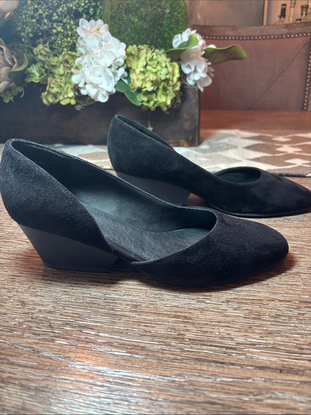 Eileen Fisher “Lily” Classic D’Orsay Black Suede Women's Low Block Heel Pumps